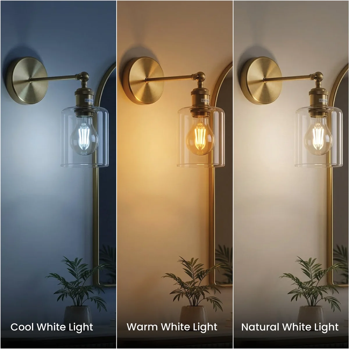 Vintage brass wall sconce with adjustable arm and clear glass cylinder shade mounted on a wall with warm LED bulb glowing