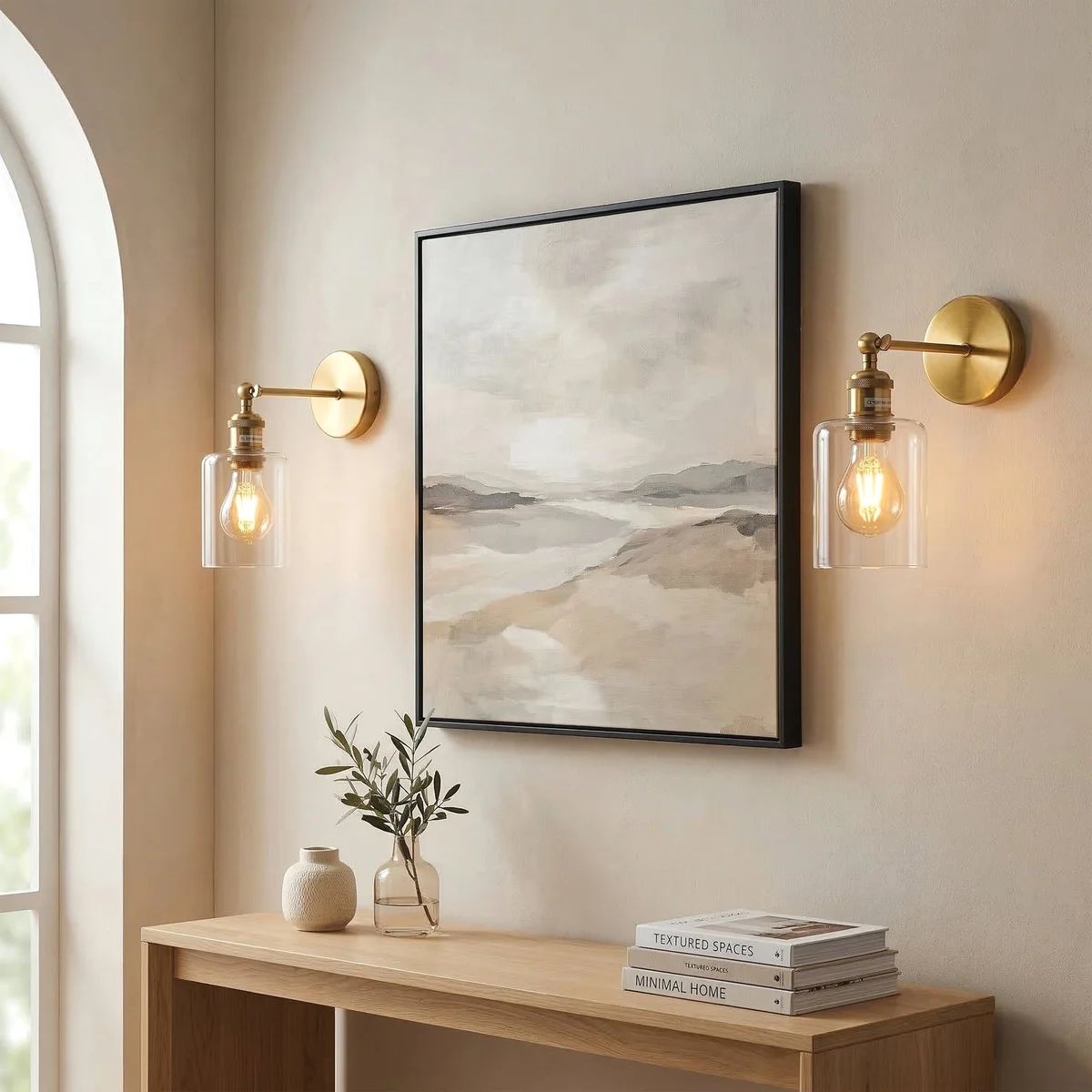 Vintage brass wall sconce with adjustable arm, clear glass cylinder shade, and warm white LED bulb mounted on wall