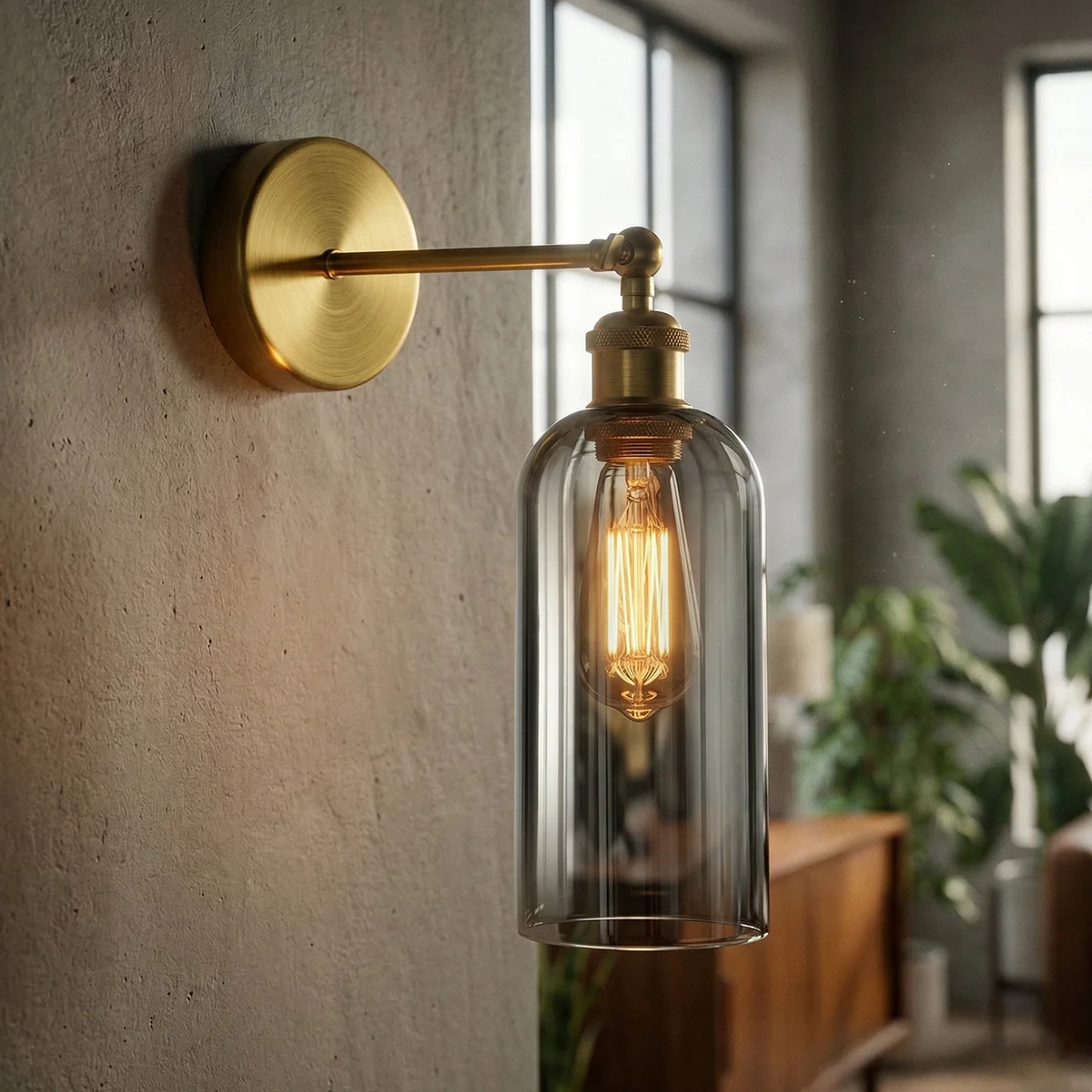 Adjustable vintage wall sconce with brass finish, smoked grey glass shade, and 180° swing arm mounted on wall