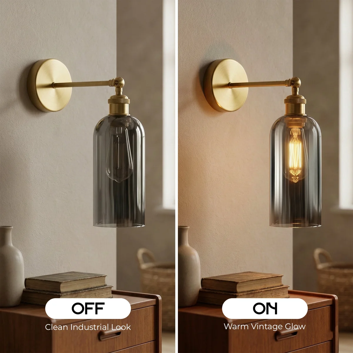 Adjustable brass wall lamp with smoked grey glass shade and 180° swing arm mounted on yellow brass base