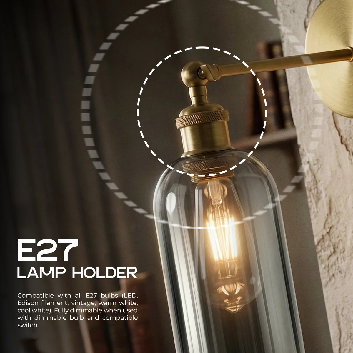 Adjustable brass wall sconce with smoked grey glass shade and 180° swing arm mounted on a white wall