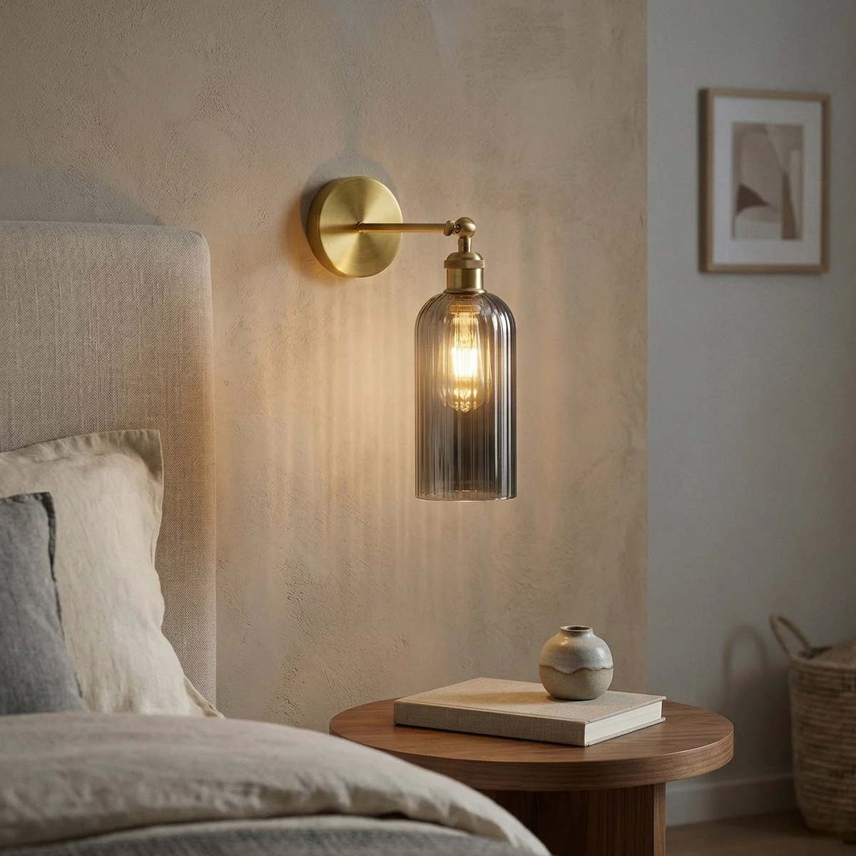 Adjustable vintage wall sconce with yellow brass finish, smoked grey glass cylinder shade, and 180° swing arm on white wall