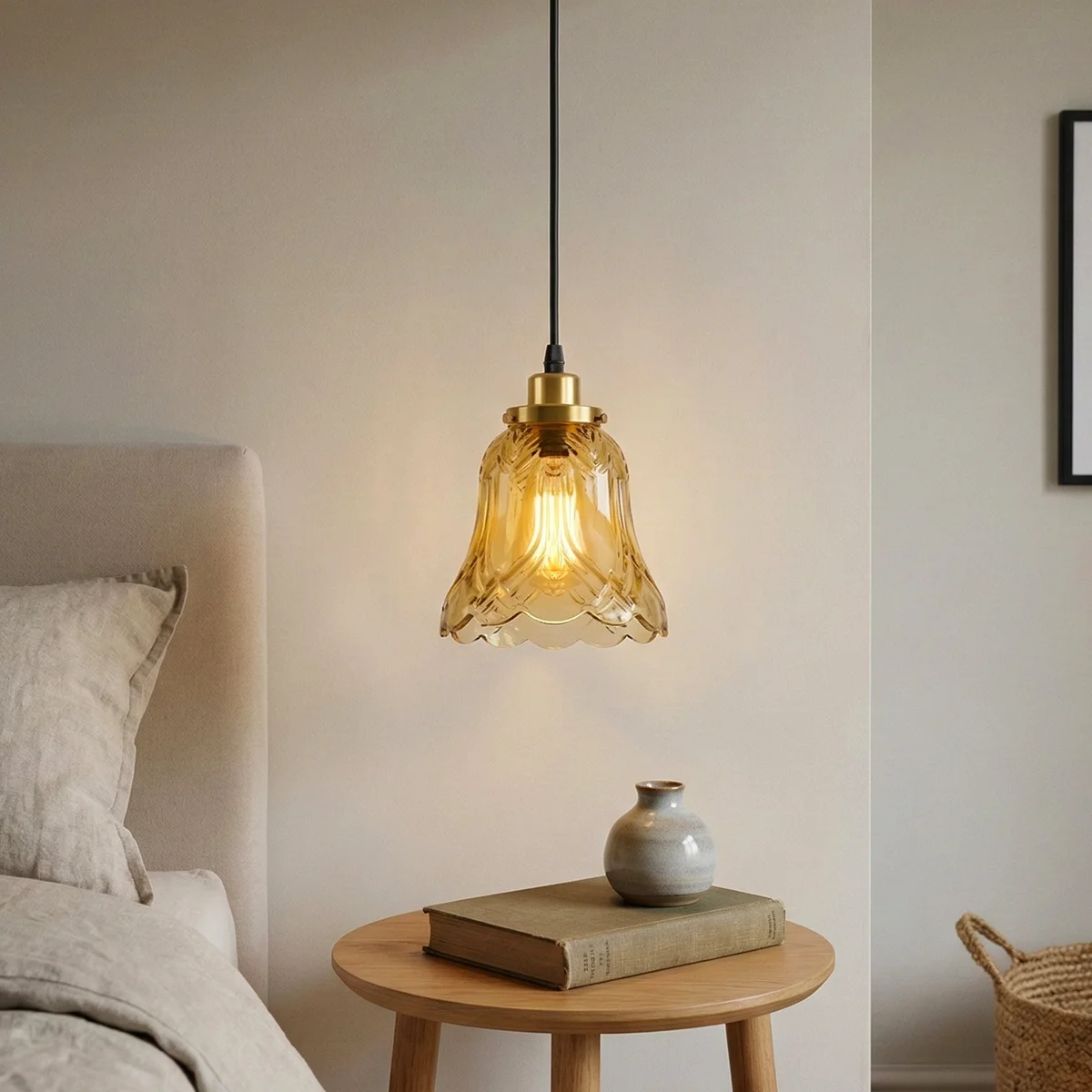 Vintage glass pendant light with tea brown bell-shaped shade, French gold E27 holder, black ceiling rose, and LED bulb included