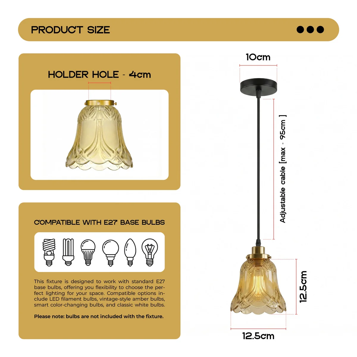 Tea brown glass pendant light with bell-shaped shade, French gold E27 holder, black ceiling rose, and LED bulb included
