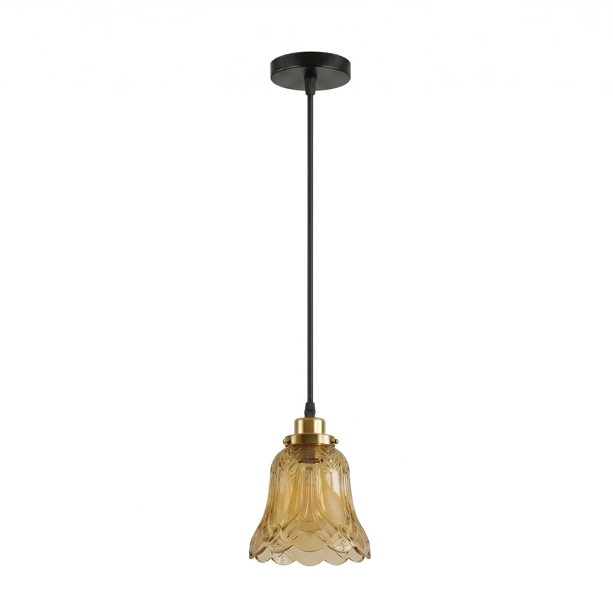 Tea brown vintage bell glass E27 LED pendant light with French gold holder and adjustable black cable hanging from ceiling