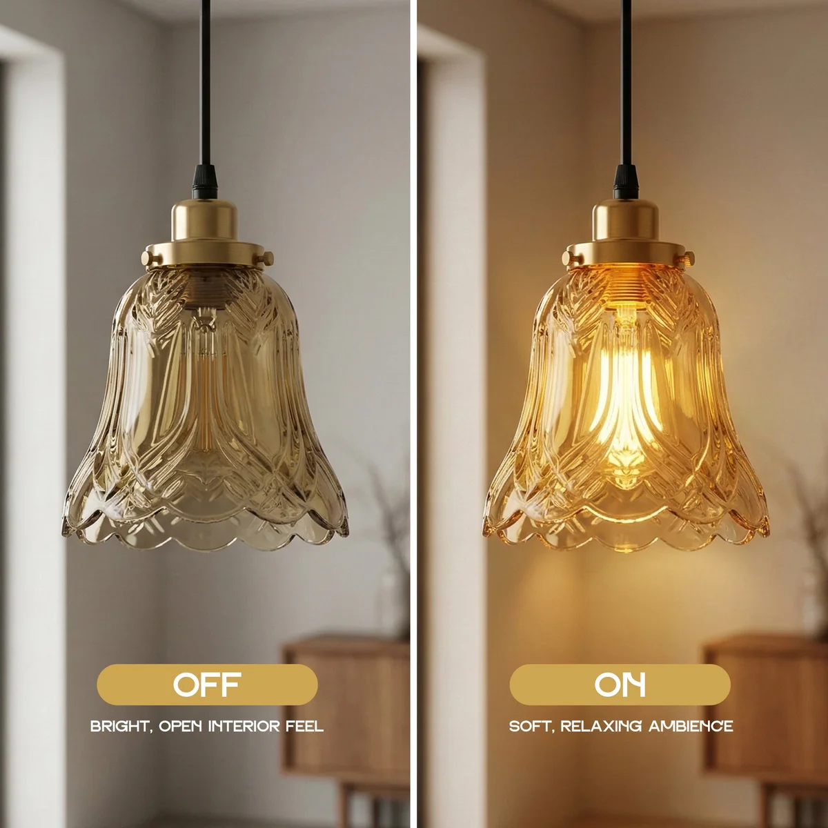 Vintage industrial style ceiling light with tea brown glass bell shade and French gold E27 lamp holder, LED bulb included