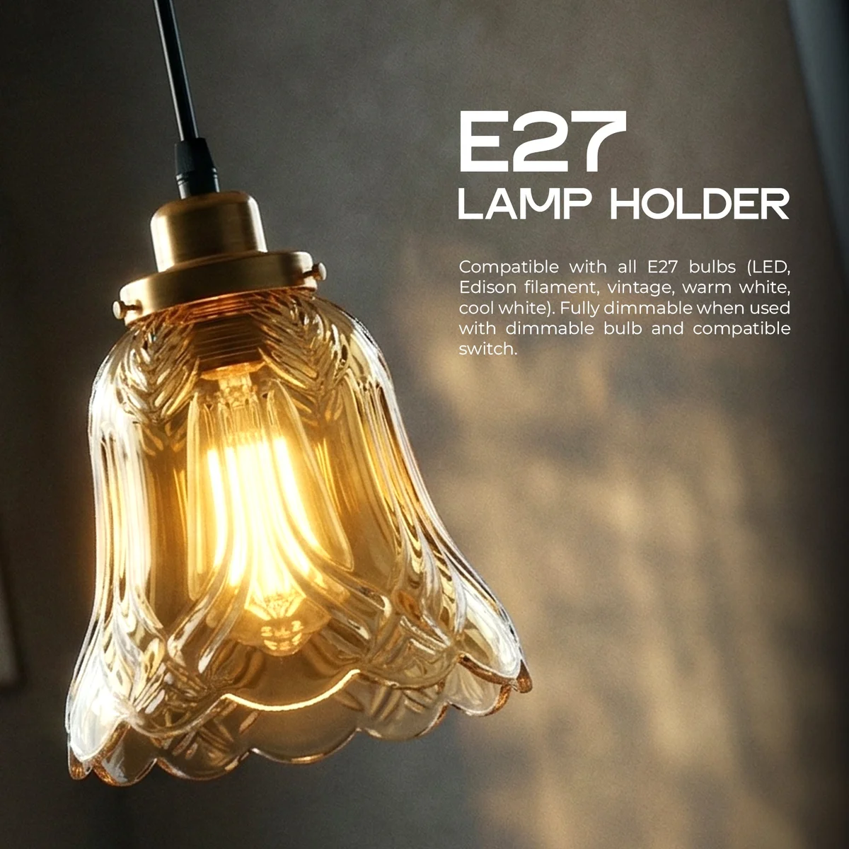 Tea brown glass bell pendant light with French gold holder and black cable, ideal kitchen dining pendant light design