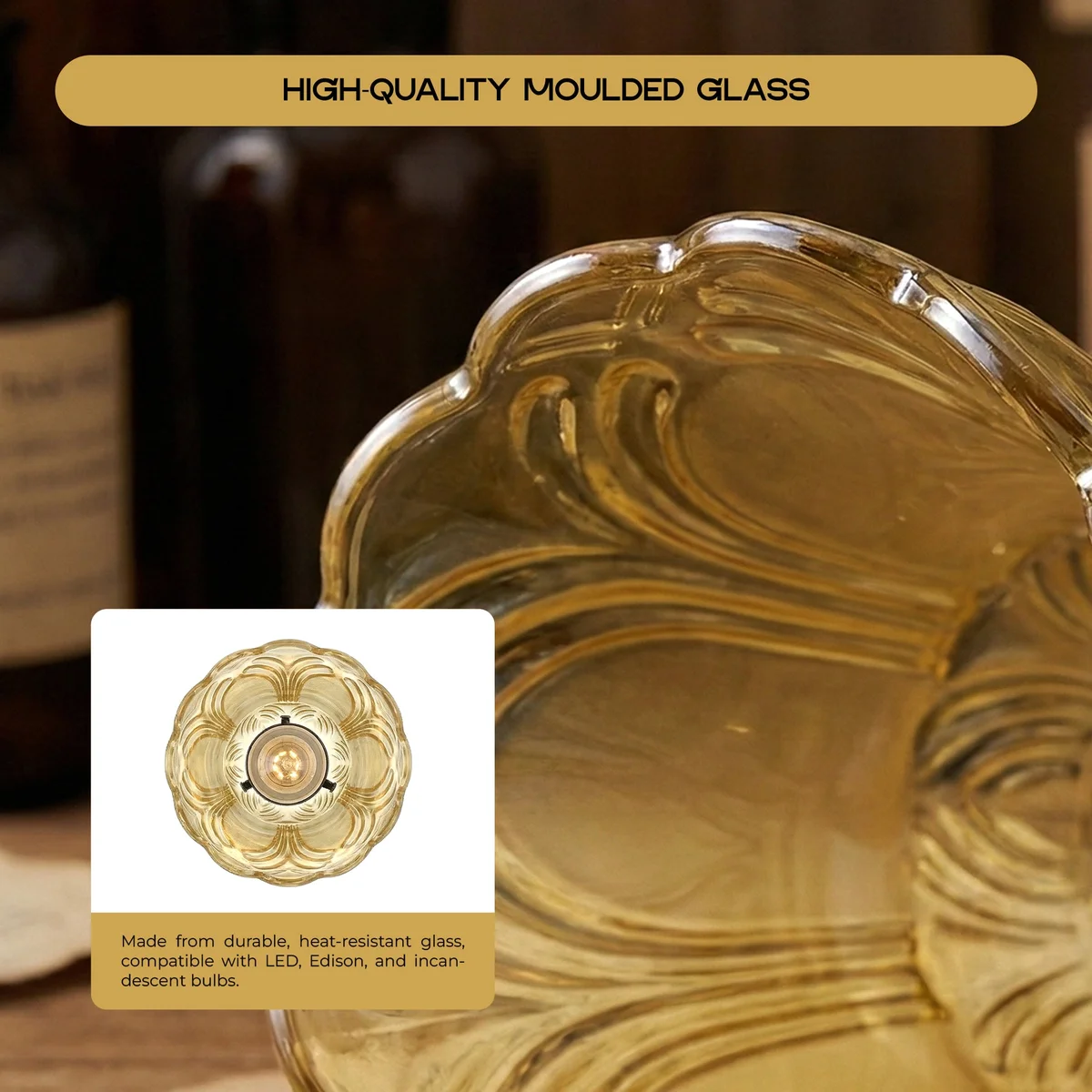 Vintage glass pendant light with tea brown bell shade, French gold E27 holder, black ceiling rose, and LED bulb included