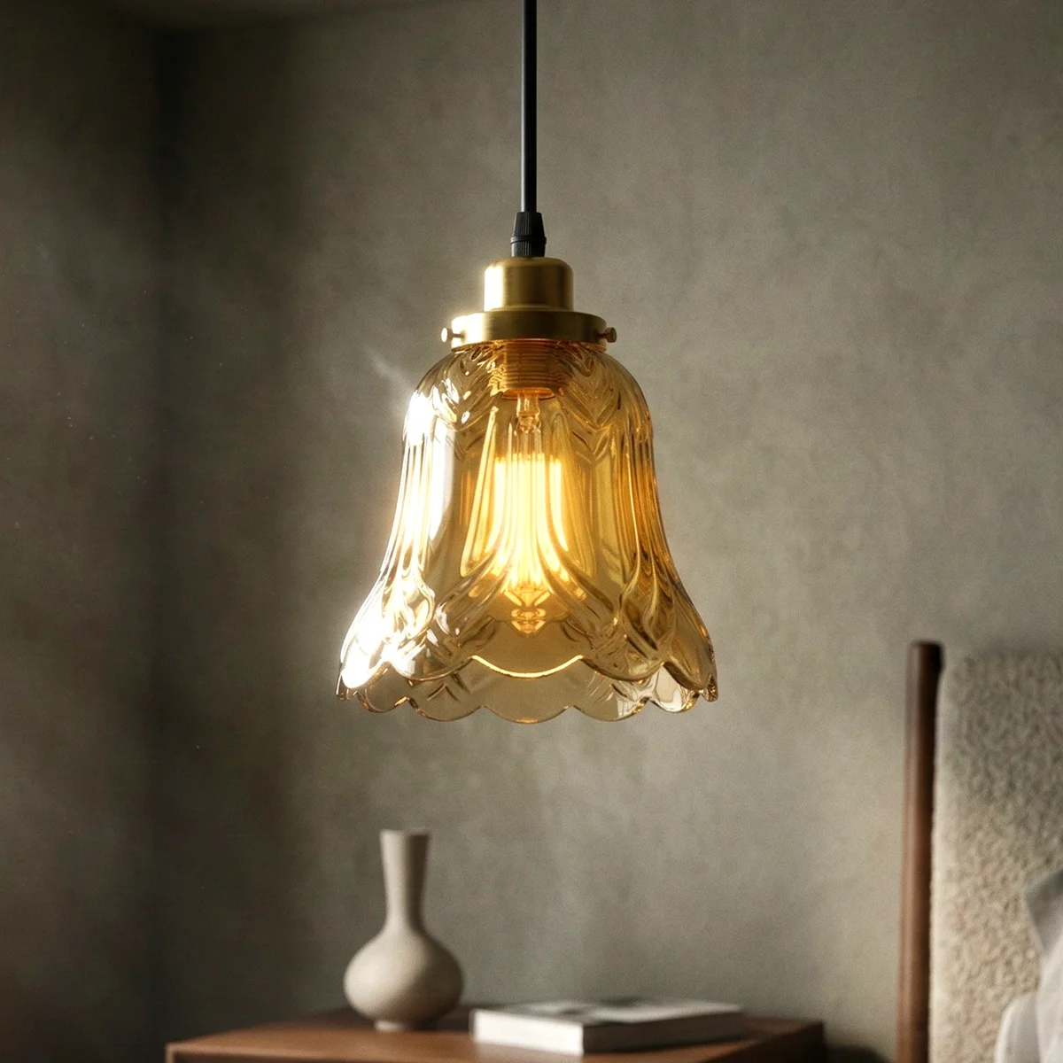 Vintage glass pendant light with tea brown bell-shaped shade, French gold E27 holder, black ceiling rose, and LED bulb included