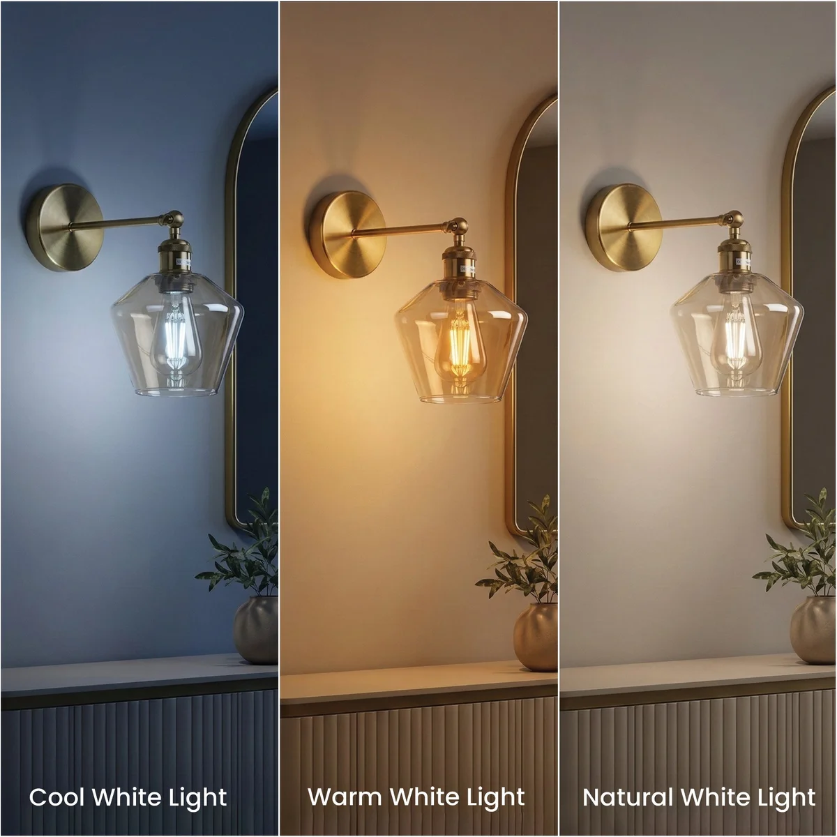 Adjustable swing arm lamp in antique brass with amber faceted glass shade mounted on wall, modern vintage style lighting