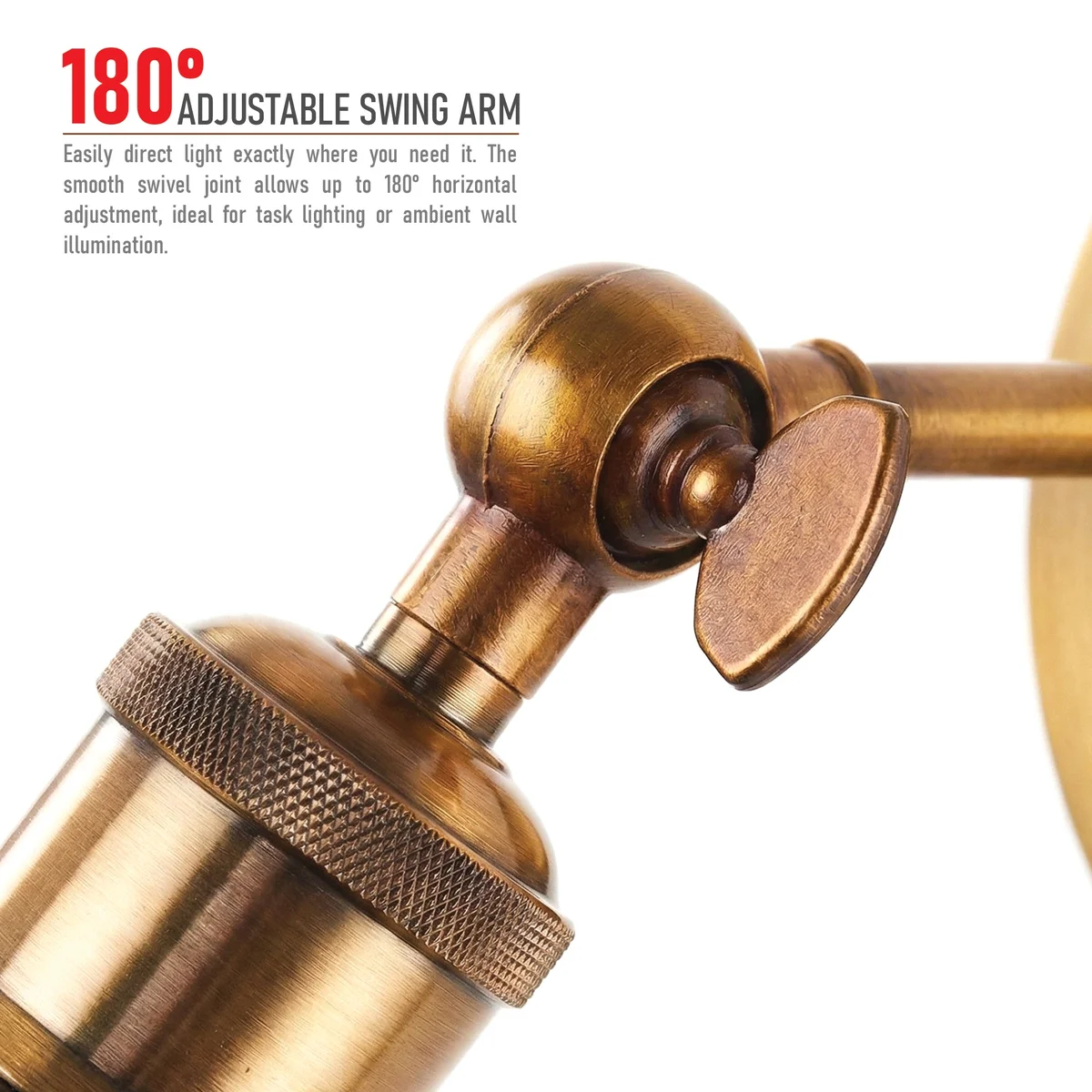 Vintage brass E27 bulb wall sconce with adjustable swing arm and amber faceted glass shade mounted on wall