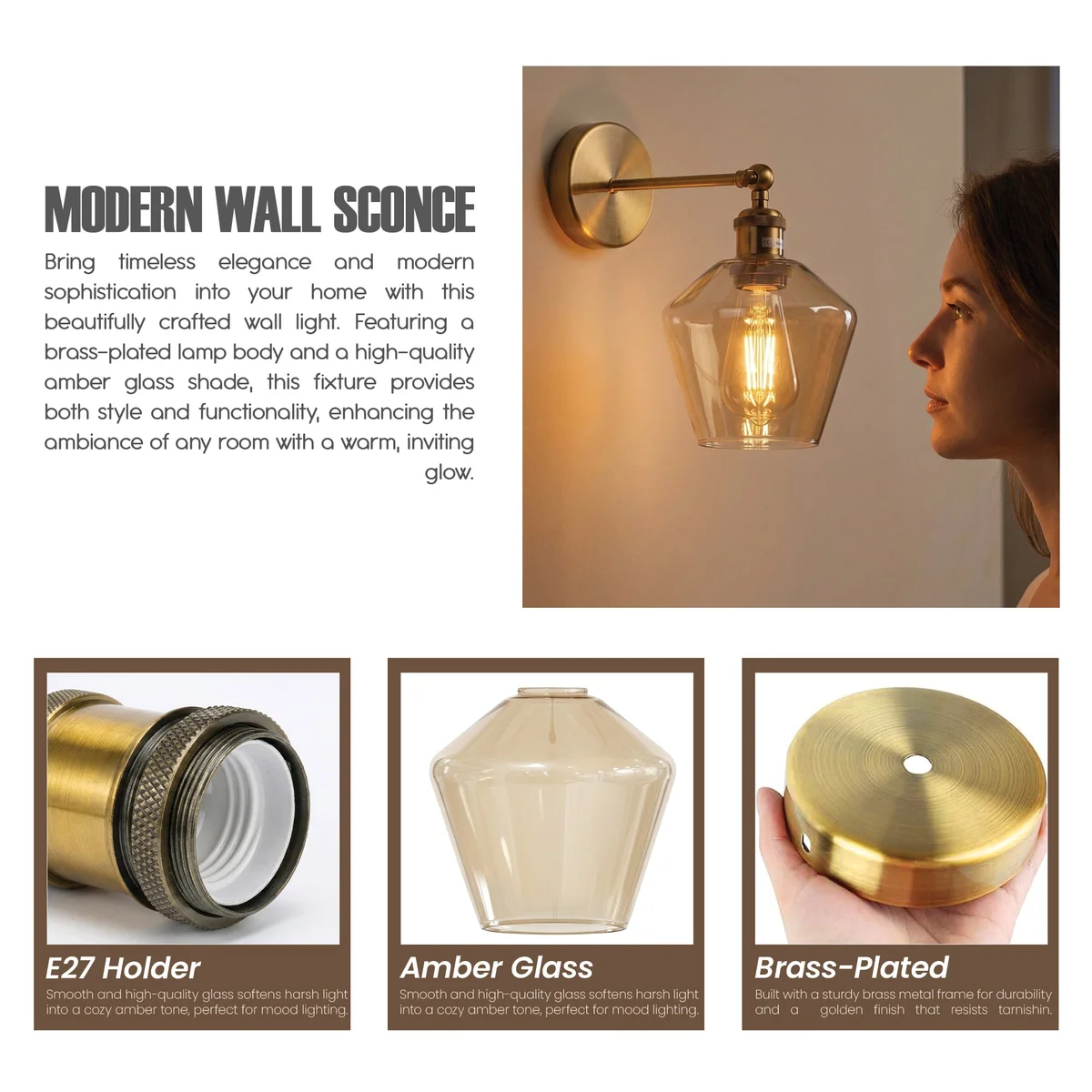 Modern vintage wall light with adjustable brass swing arm and amber faceted glass shade mounted on wall