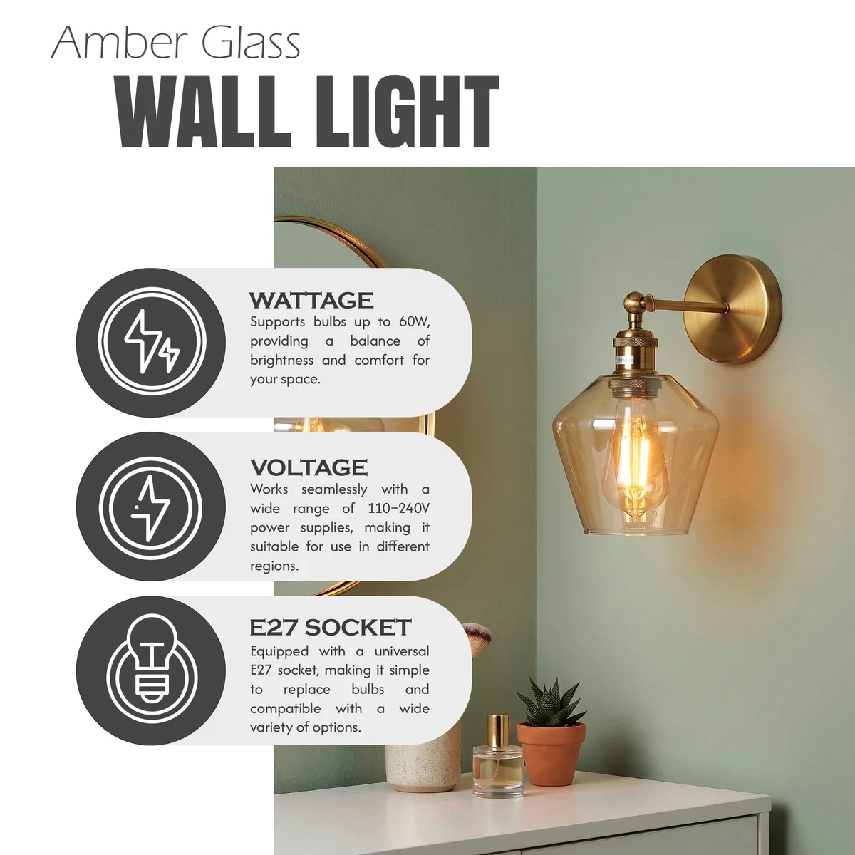 Vintage brass wall sconce with adjustable swing arm and amber faceted glass shade mounted on a wall in modern interior