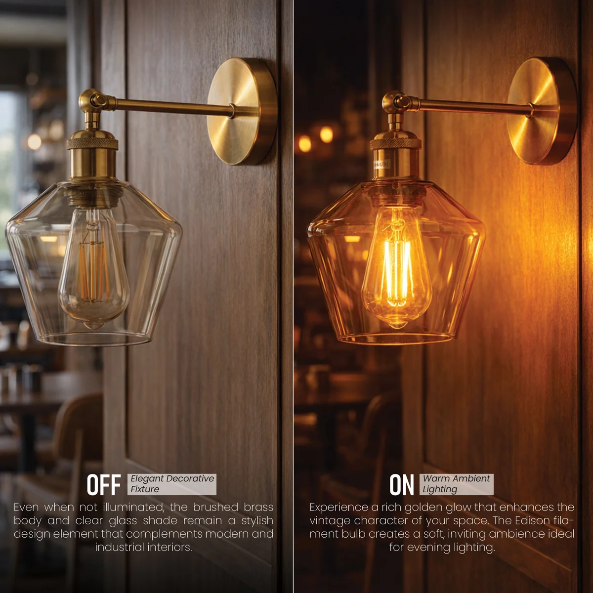 Vintage brass wall sconce with amber faceted glass shade and adjustable 180° swing arm mounted on wall