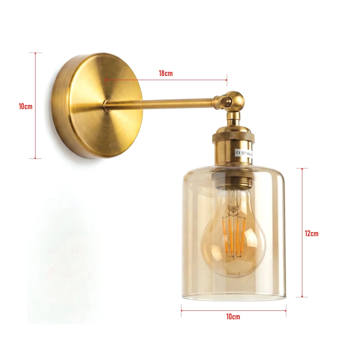 Vintage brass amber glass wall light with adjustable swing arm and dimmable LED bulb mounted on white wall