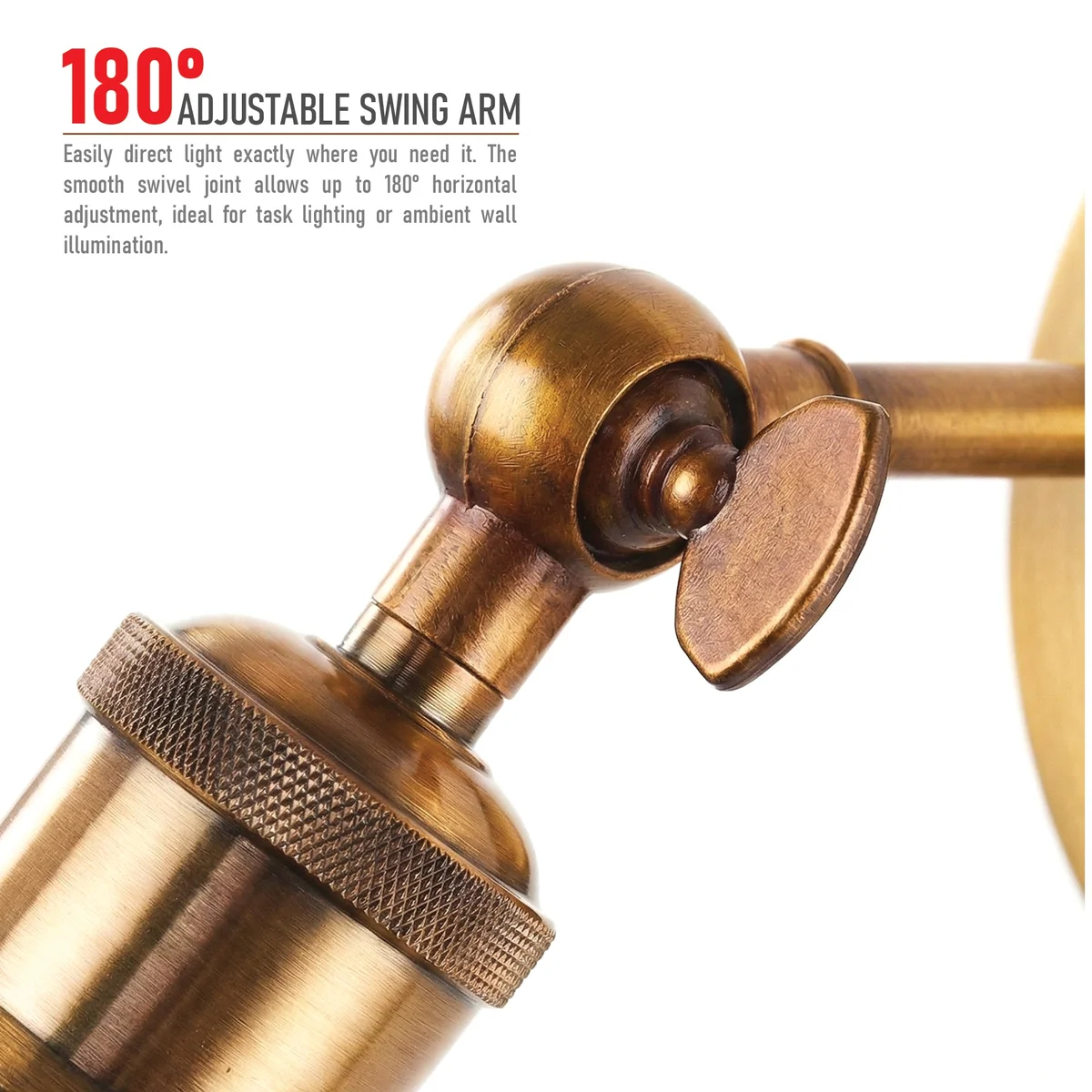 Vintage brass wall sconce with amber glass shade featuring 180° adjustable swing arm lamp on white background