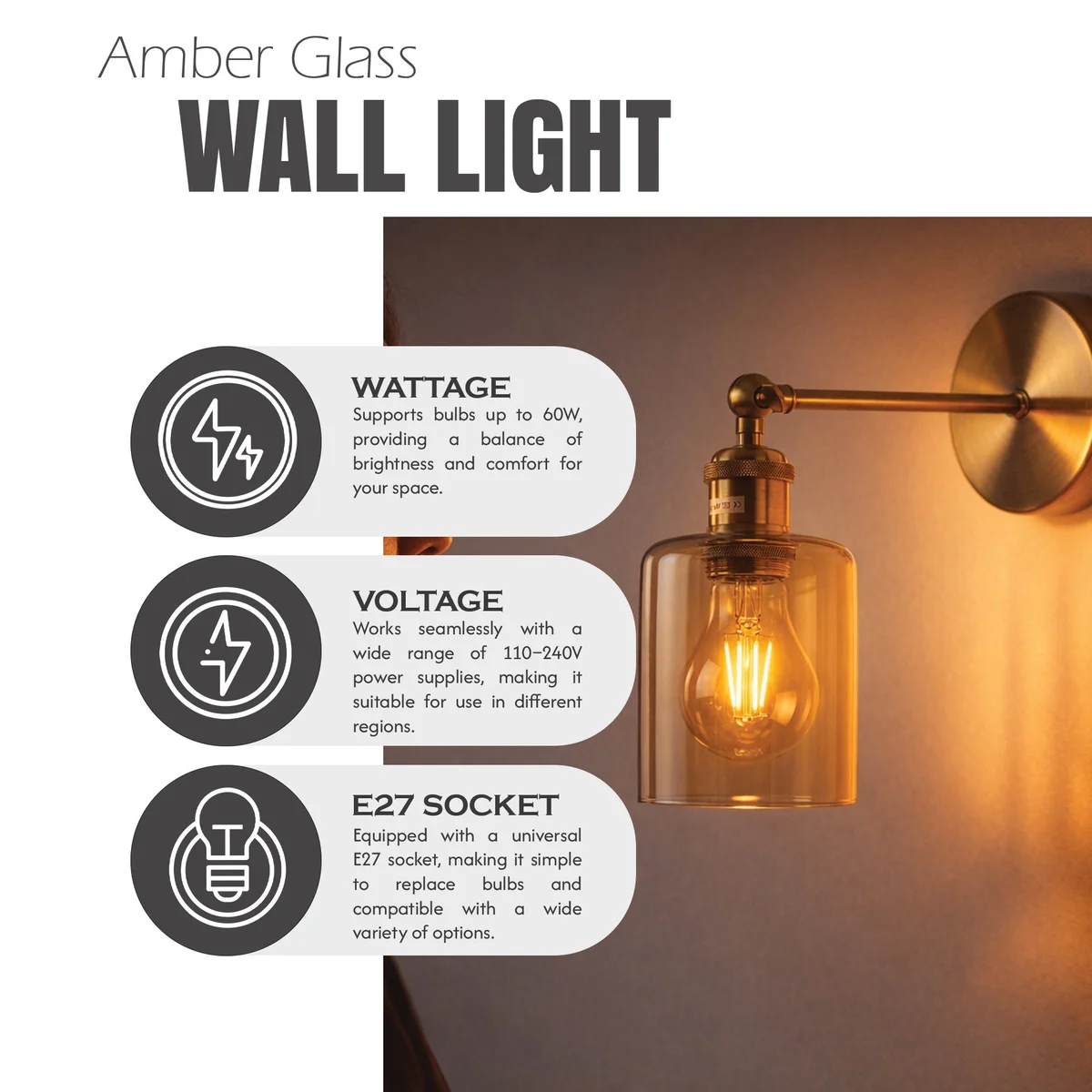 Vintage brass E27 LED wall sconce with adjustable arm and amber glass cylinder shade mounted on white wall