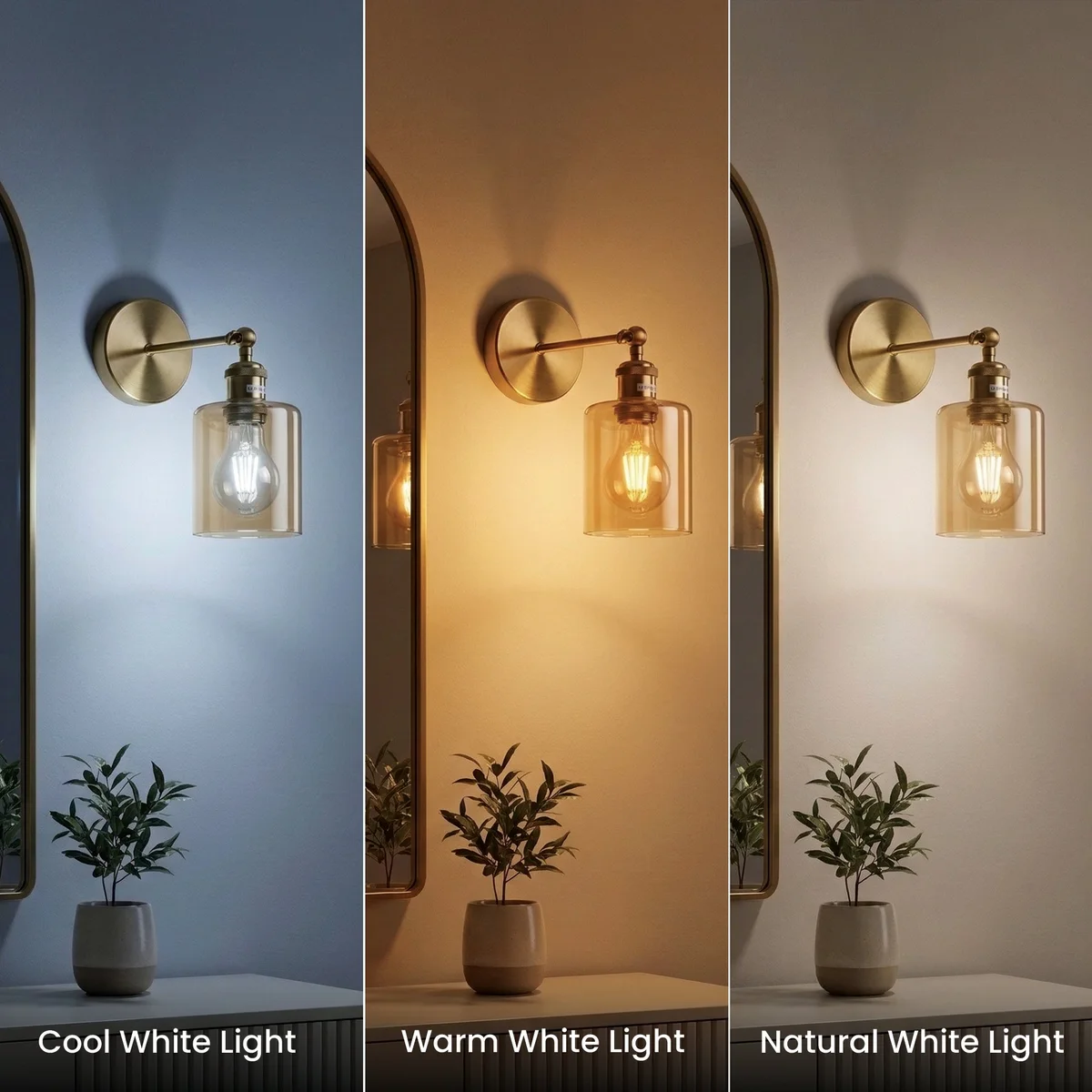 Vintage brass industrial style wall light with adjustable arm and amber glass cylinder shade mounted on white wall