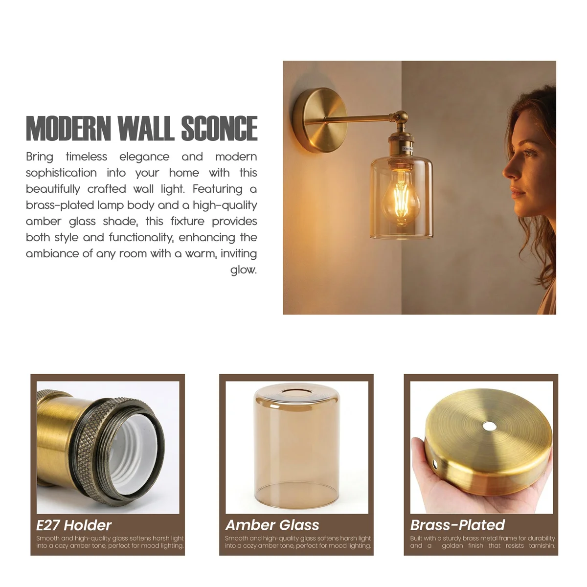 Vintage brass wall sconce with adjustable arm and amber glass cylinder shade mounted on a white wall