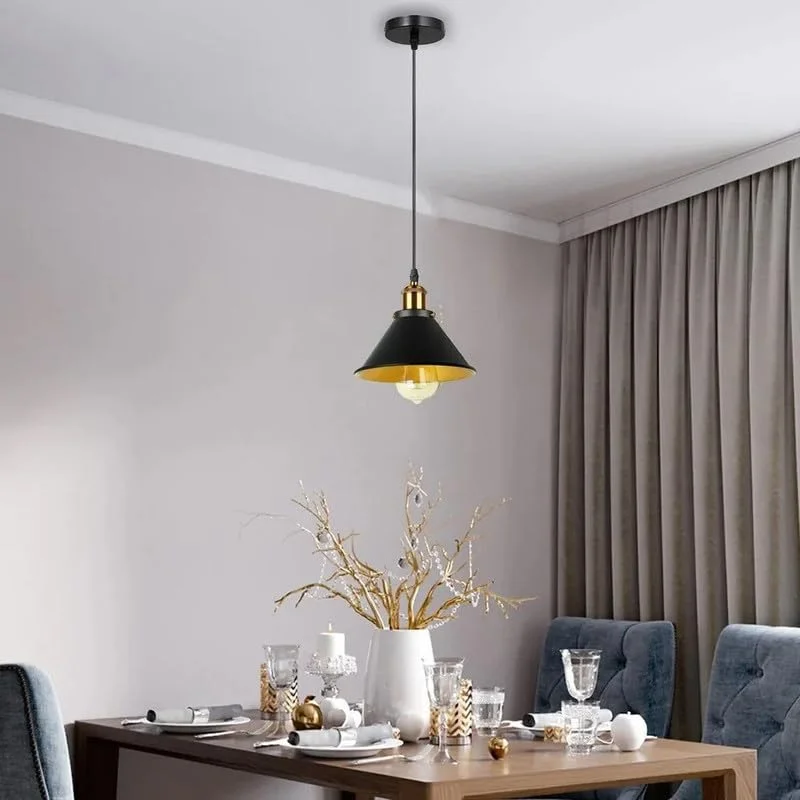 Black metal single pendant light with adjustable cable and E27 bulb pendant, showcasing industrial vintage design