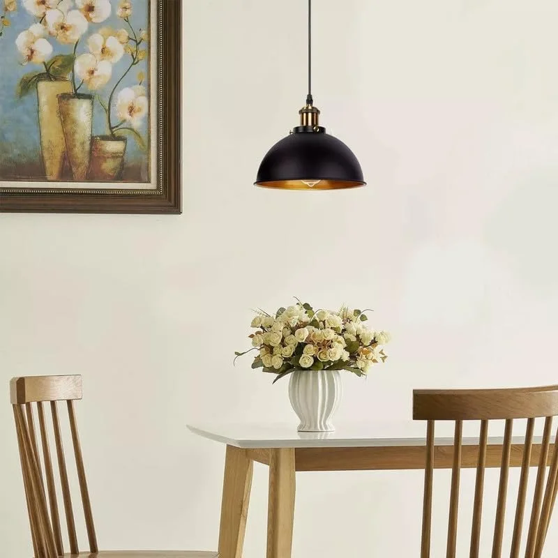 Black metal industrial pendant light with adjustable cable hanging against a white background, showing vintage design details