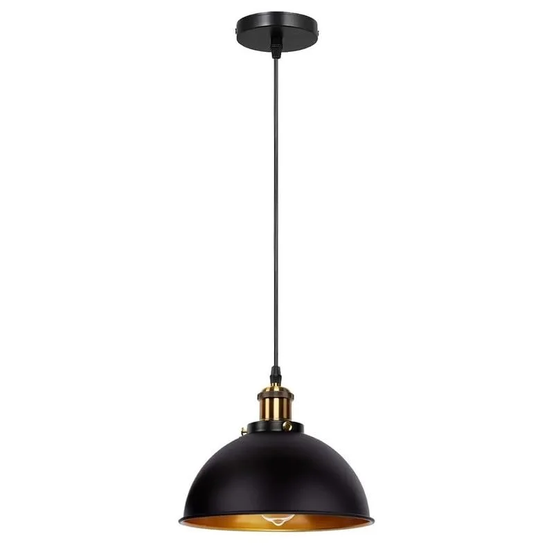 Black metal industrial pendant light with adjustable cable and vintage industrial design hanging from ceiling
