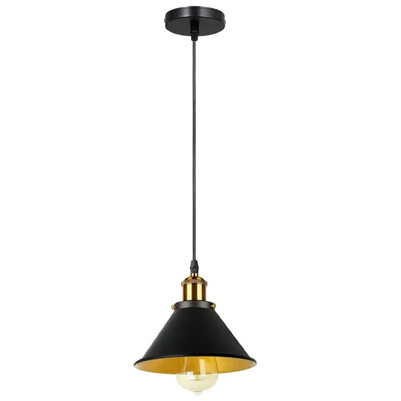 Black metal industrial pendant light with adjustable cable and classic retro design hanging from ceiling in minimalist room setting