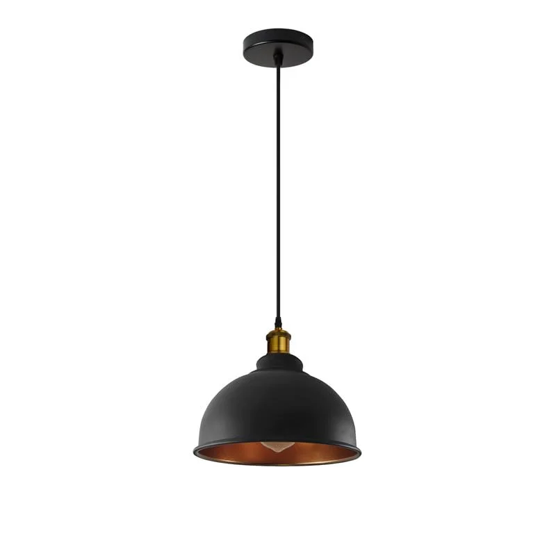 Black metal industrial pendant light with adjustable cable hanging against a plain background, showcasing its vintage design