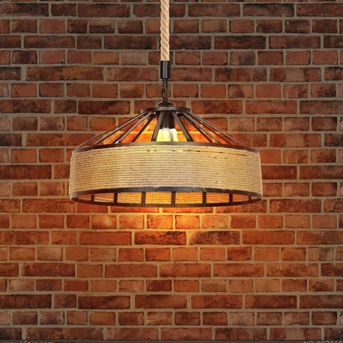 Large hemp rope pendant light with metal cage and 95 cm hemp rope, rustic industrial style for cafés and bars