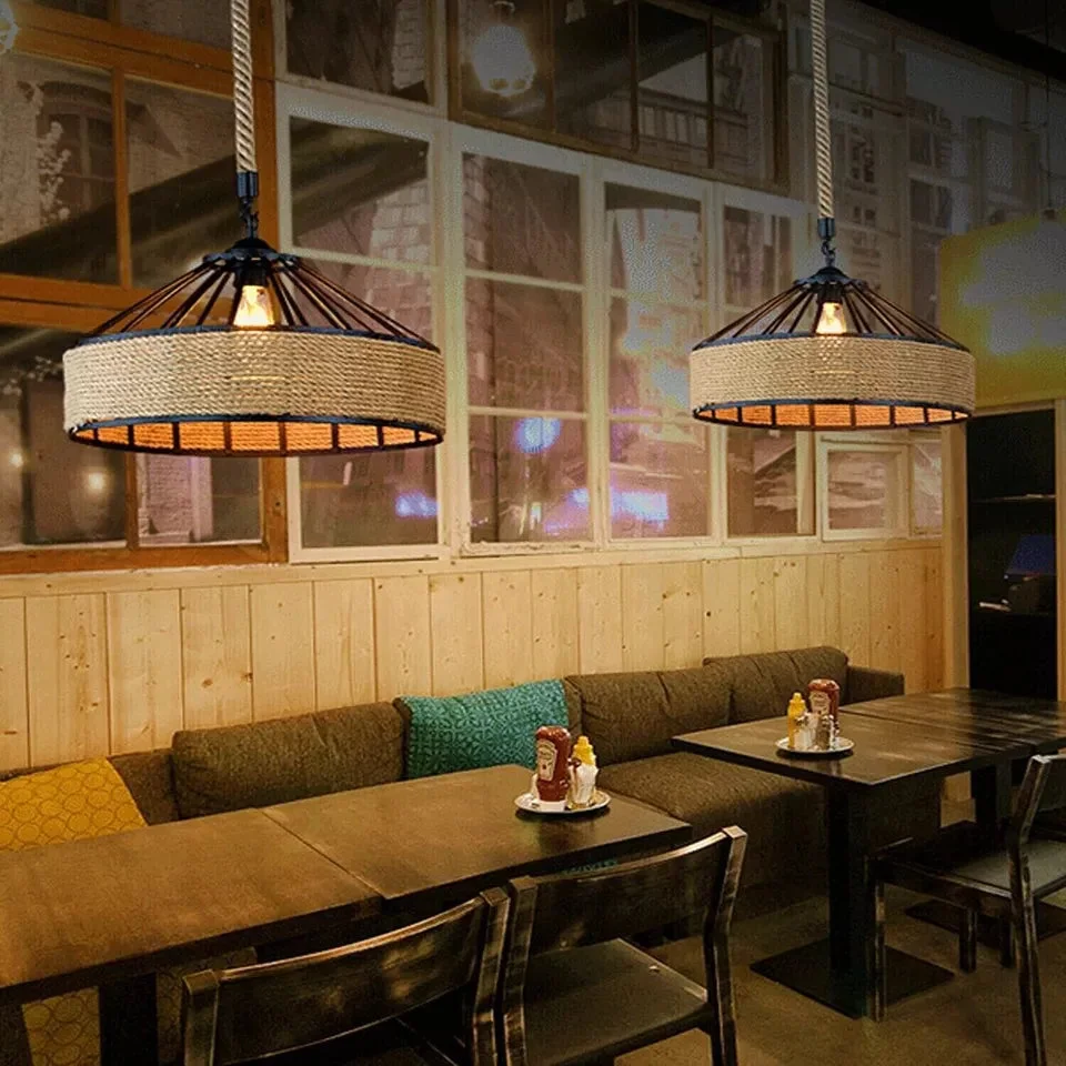 Large hemp rope pendant light with metal cage and E27 socket pendant, rustic industrial style for cafés and bars