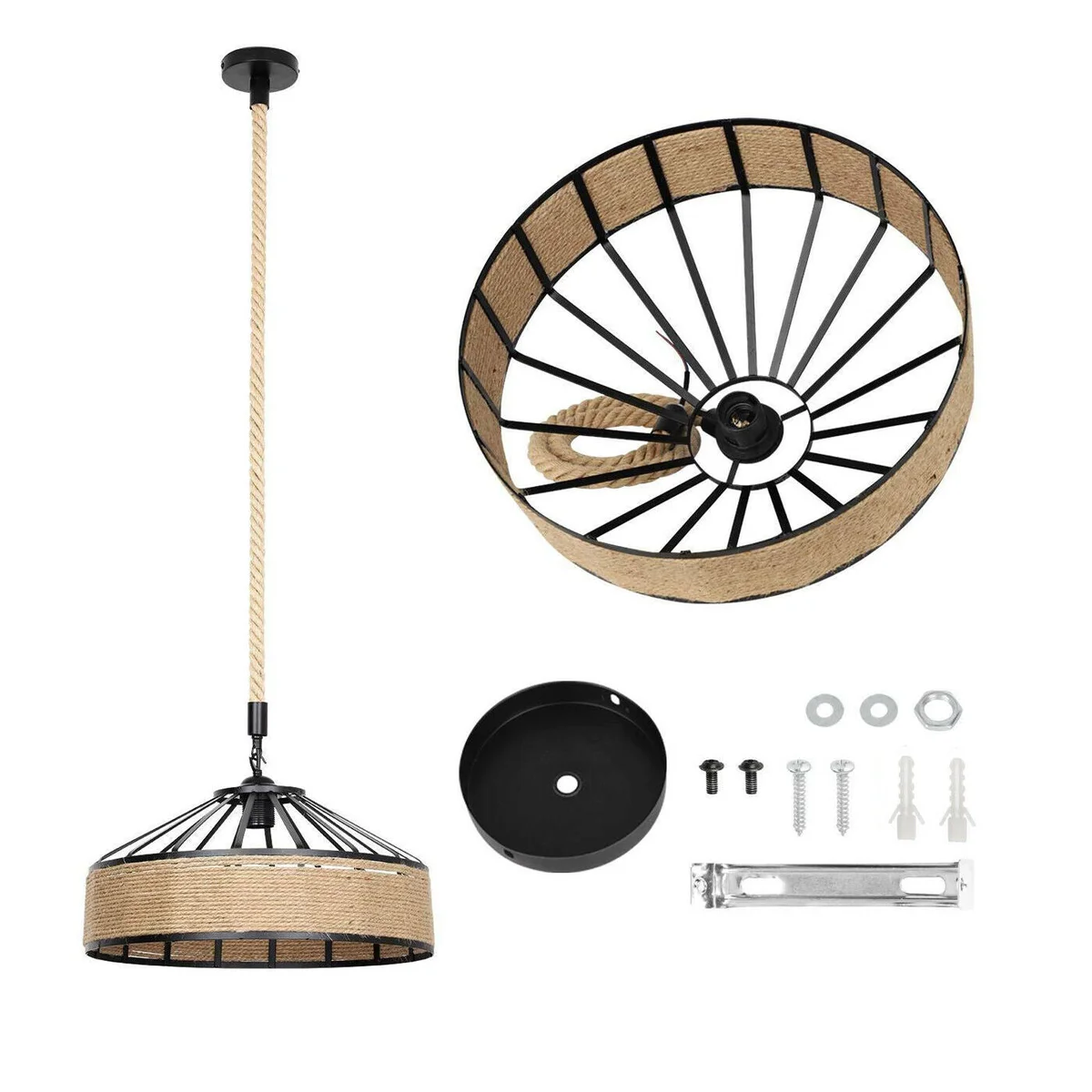 Large hemp rope metal cage pendant light hanging with exposed bulb, rustic industrial style for café or bar décor