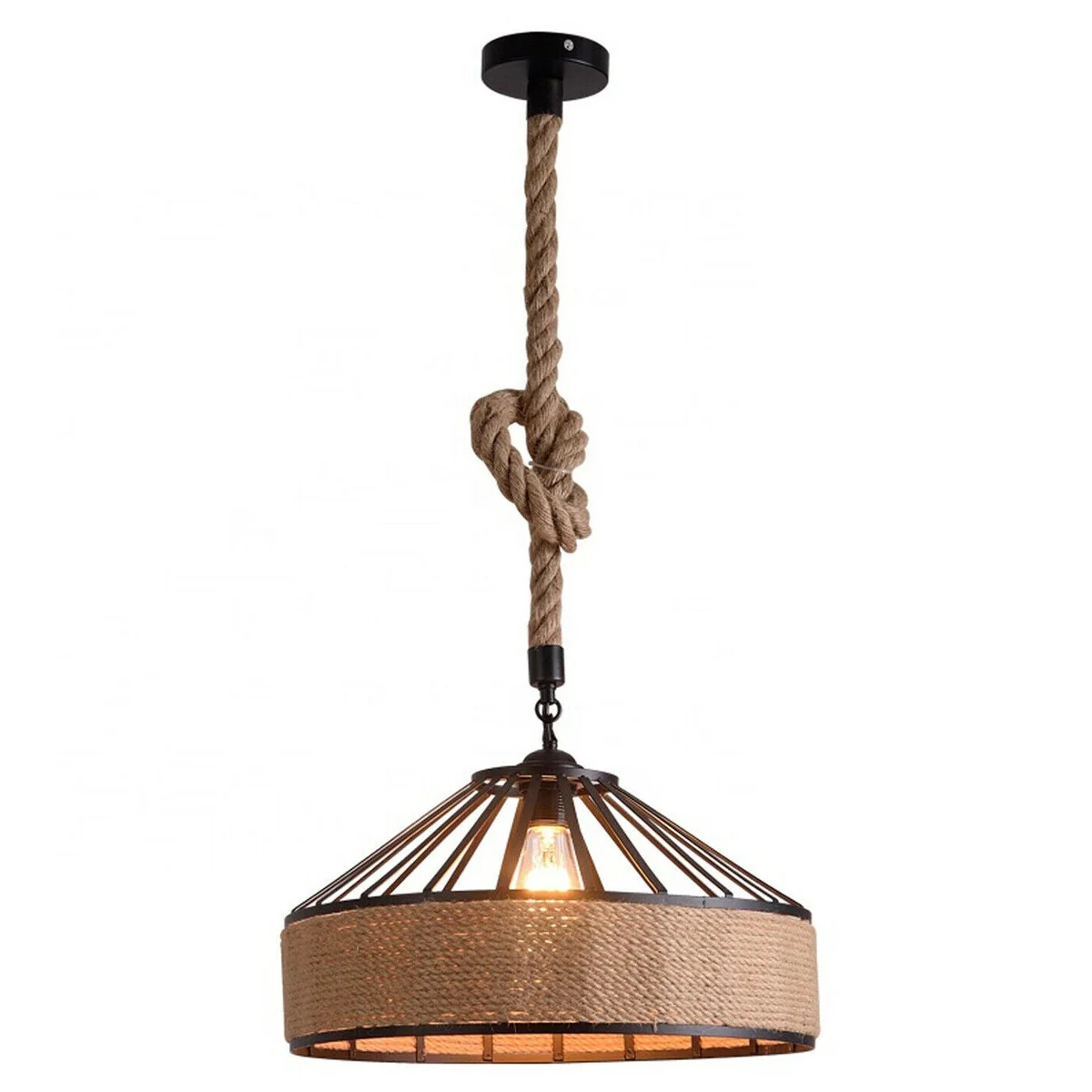 Large hemp rope pendant light with metal cage and 95 cm hemp rope hanging in rustic industrial style setting