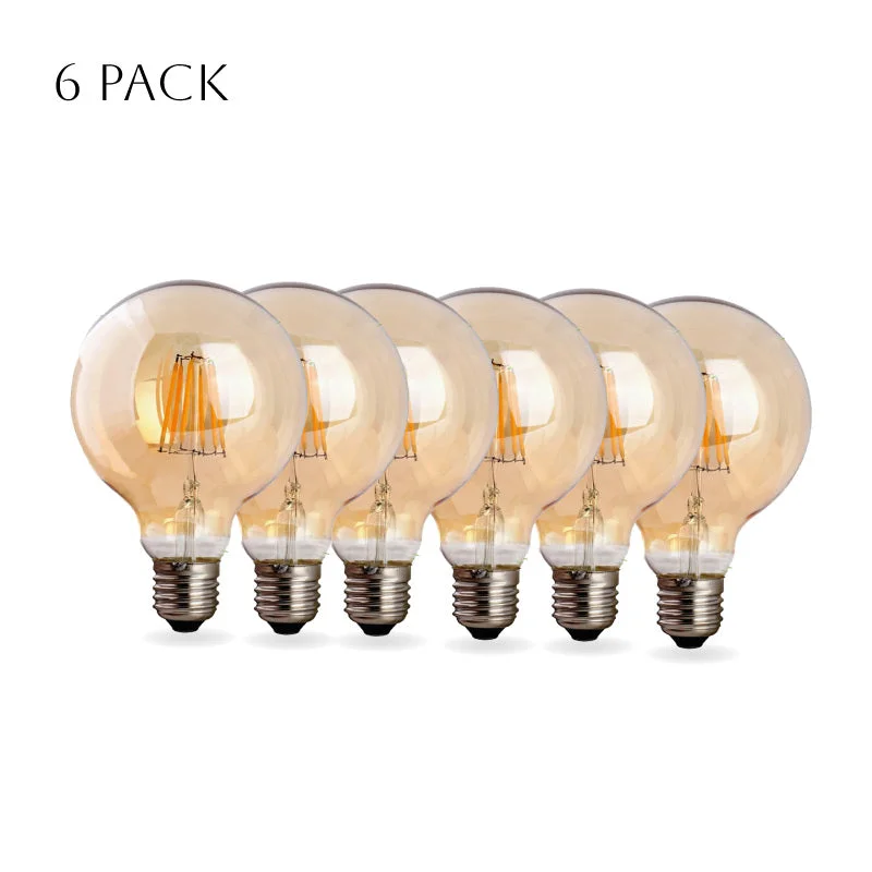 Six amber glass E27 LED globe bulbs with visible filaments, vintage G95 shape, warm white light, 6 pack display