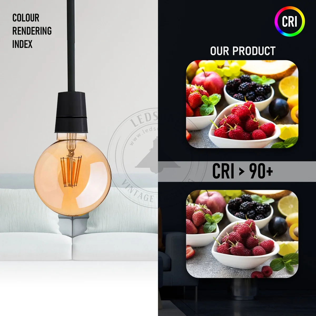 Six amber globe-shaped warm white LED bulbs with E27 screw bases arranged on a wooden surface