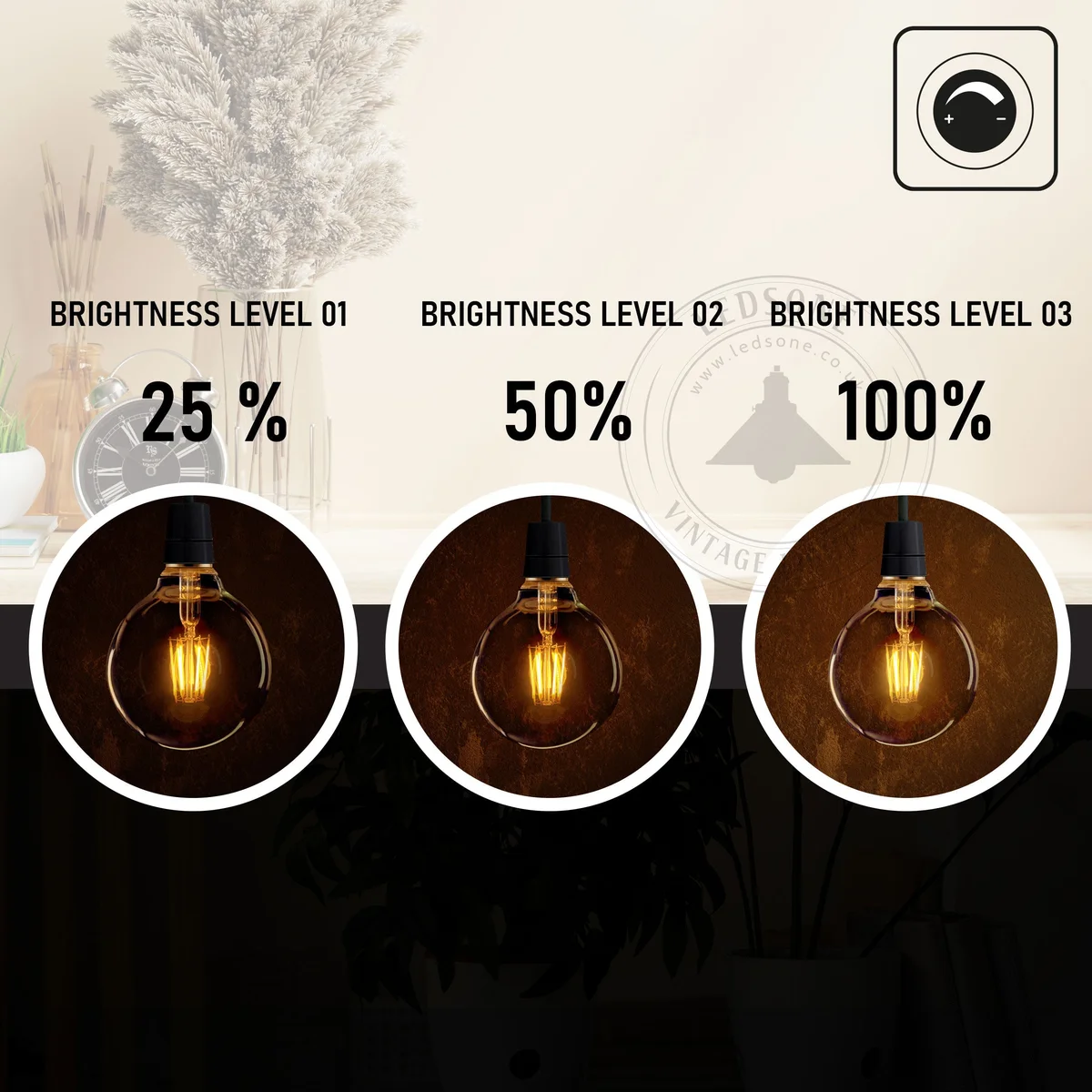 Six amber glass G95 dimmable E27 bulbs with visible LED filaments arranged on a white surface