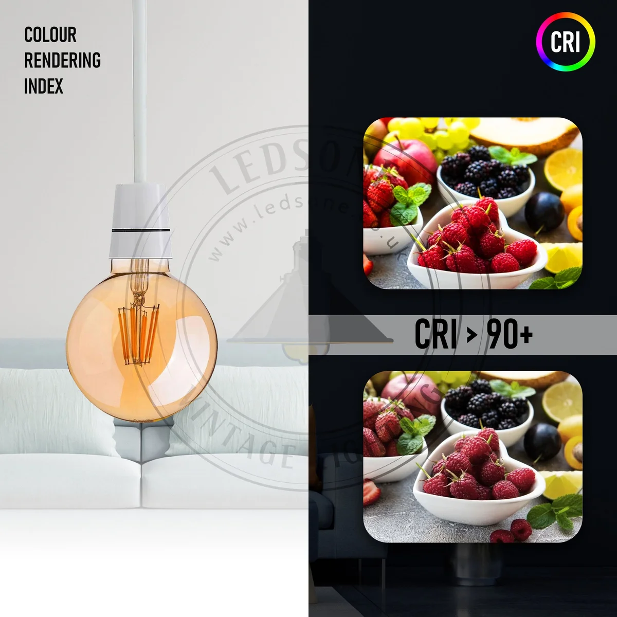 Six amber G95 E27 LED globe bulbs with visible filaments arranged in a group on a white background