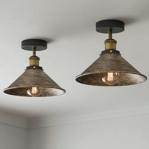 Vintage ceiling light with bronze brushed copper cone shade, semi flush mount, modern industrial style, 22cm diameter