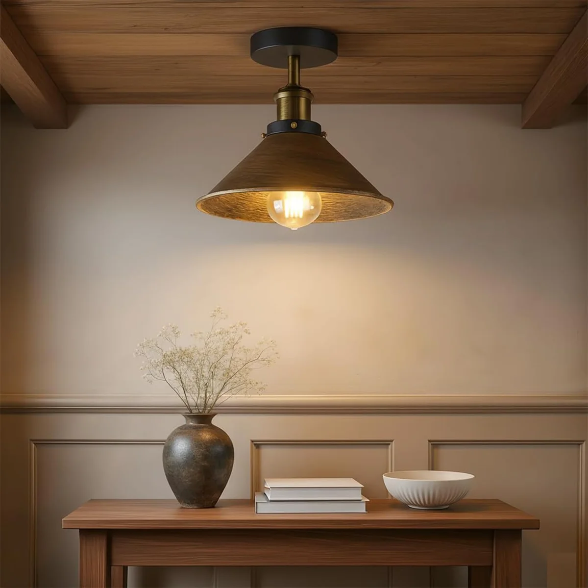 Vintage bronze industrial ceiling light with brushed copper cone shade, 22cm diameter, flush mount design