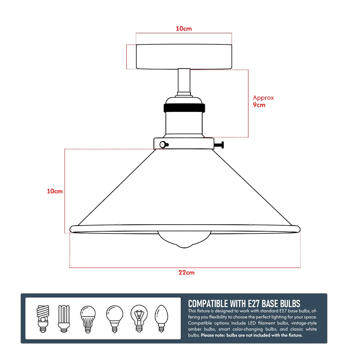 Brushed copper light with cone-shaped shade flush mounted on ceiling, modern industrial style, 22cm diameter, metal body