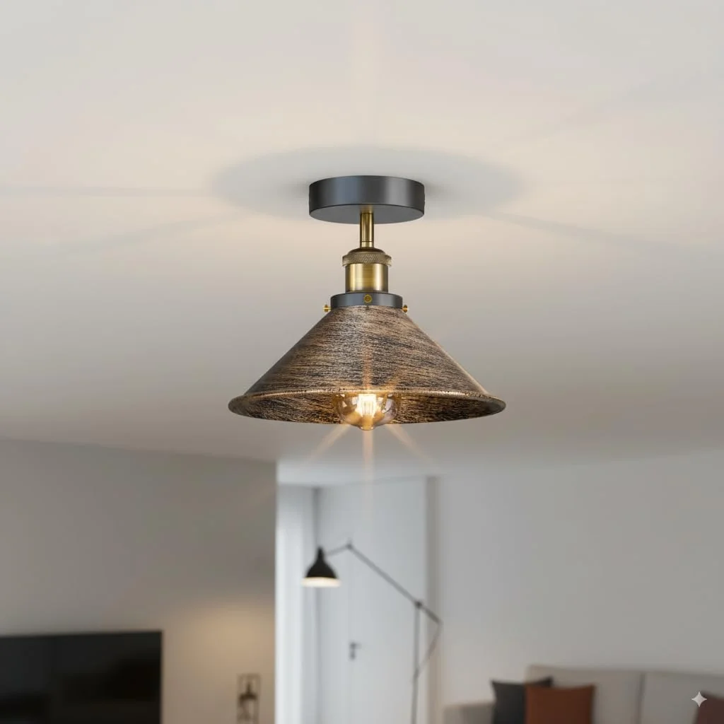 Vintage bronze semi flush mount light with brushed copper cone shade and metal body, ideal for indoor use