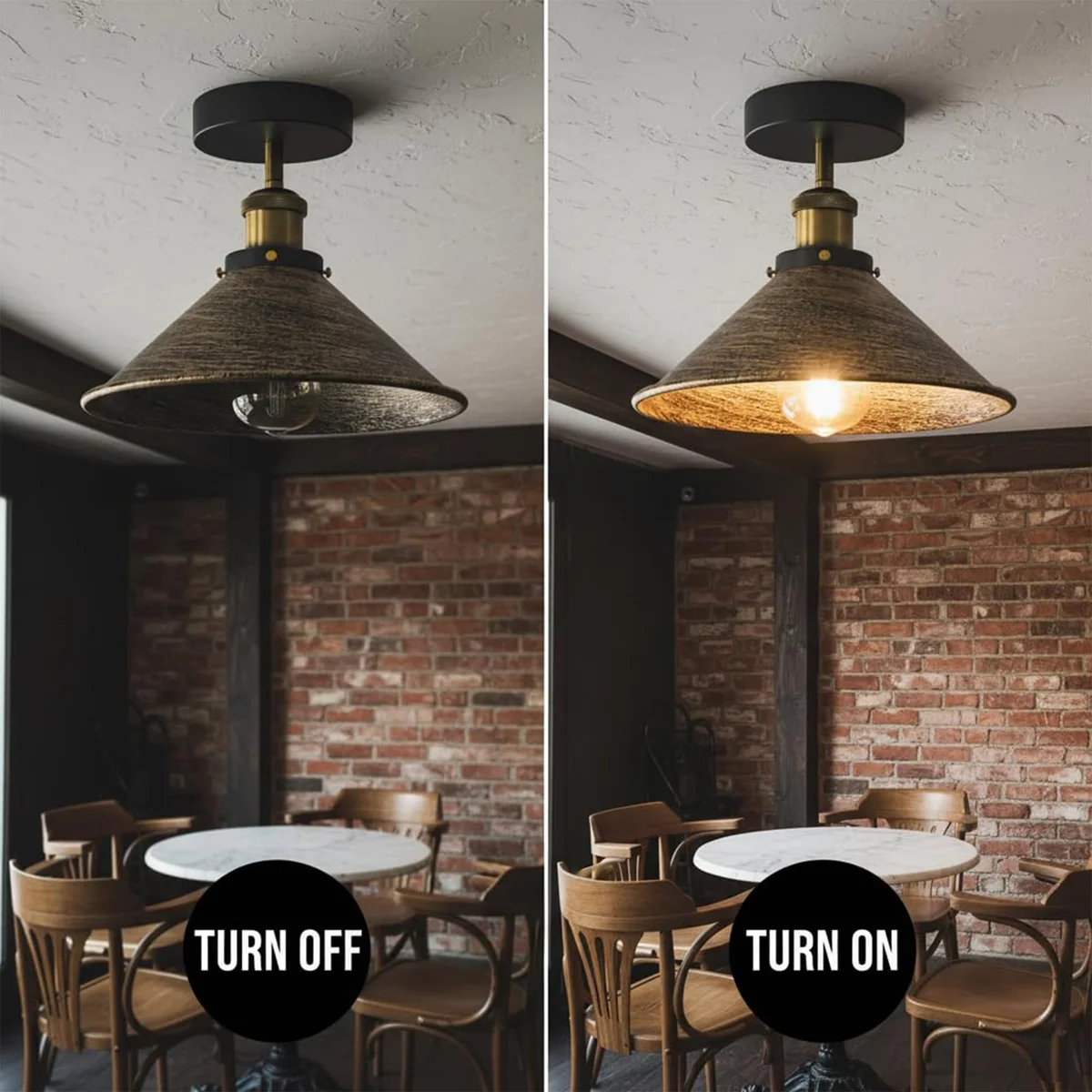 Vintage bronze modern ceiling fixture with brushed copper cone shade, semi flush mount, 22cm diameter, industrial style