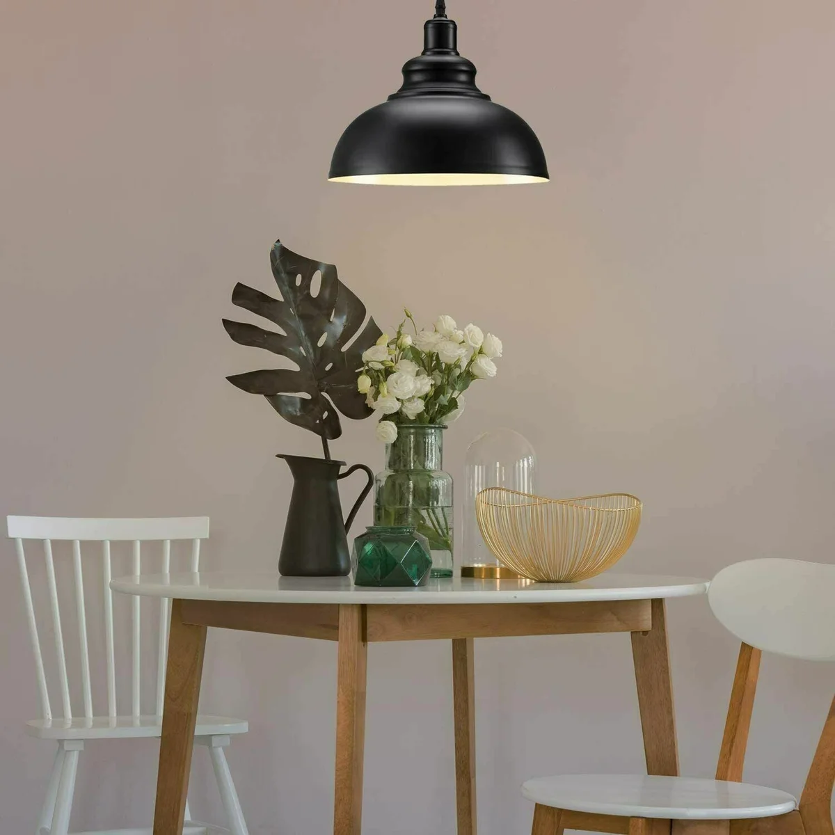 Black metal ceiling pendant with retro industrial design and concrete effect finish, easy fit lampshade 29cm x 17cm