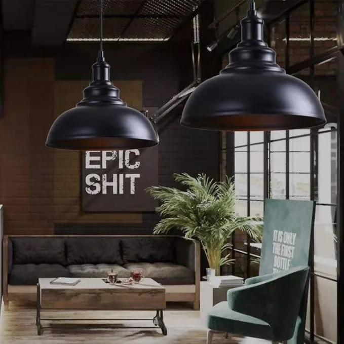 Black metal modern ceiling pendant light with retro design and concrete effect finish, easy fit lampshade, 29cm wide