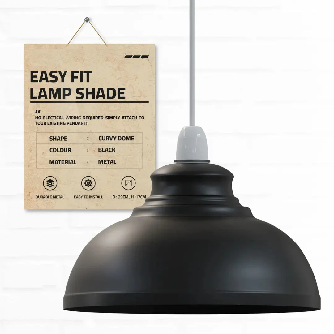 Black metal industrial style light shade with concrete effect finish hanging from ceiling pendant fitting