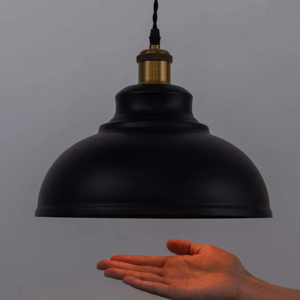 Black metal ceiling pendant with retro industrial design and concrete effect finish, 29cm wide, easy fit lampshade