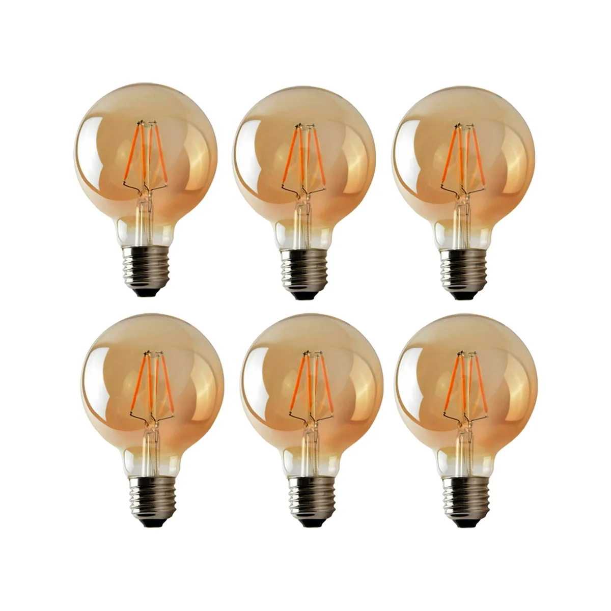 Six vintage LED bulbs with G95 glass shape and E27 base, glowing softly in a warm retro style light