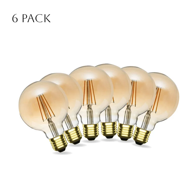 Six vintage G95 4W LED globe bulbs with E27 sockets arranged on a white background, showing clear glass design
