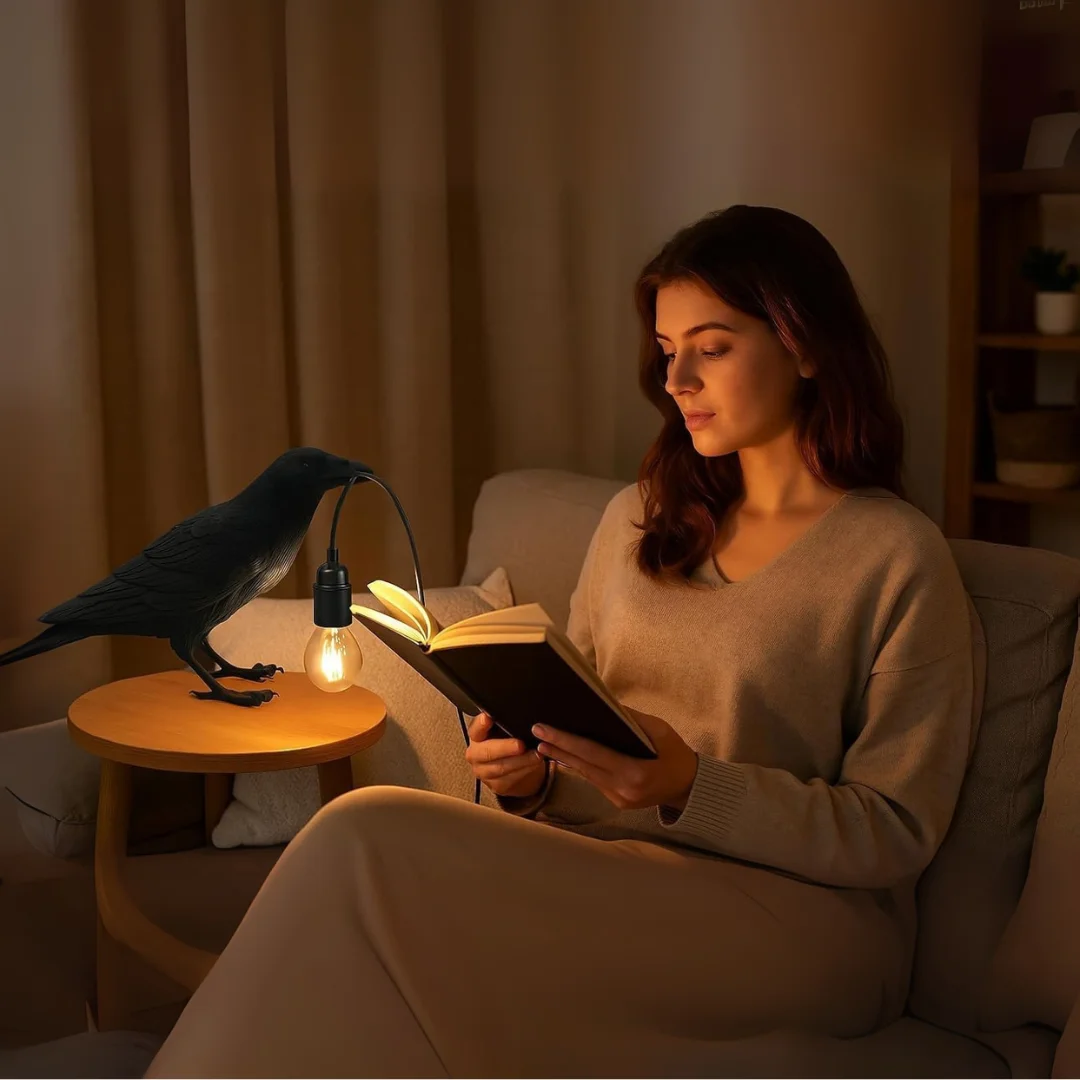 Black modern resin lamp shaped like a crow with E27 bulb, shown on a wooden surface against a white background