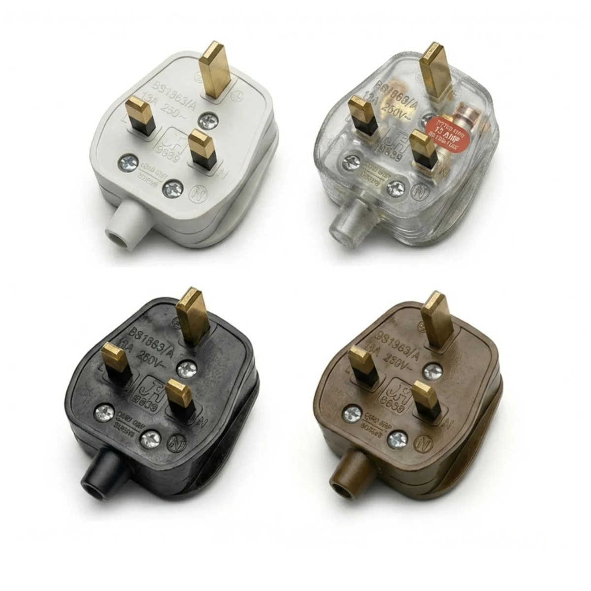 Set of UK 3 pin plugs with white ABS casing, solid brass pins, and pre-fitted 13A cartridge fuses for mains use
