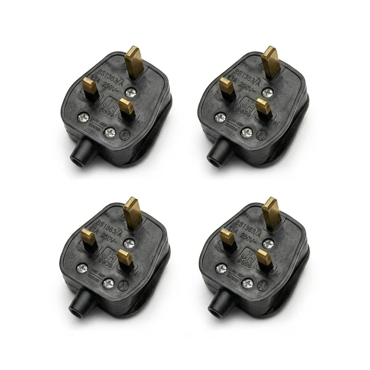 Set of UK 3 pin 13 amp fused plugs with ABS casing, solid brass pins, and pre-fitted 13A cartridge fuse for safety